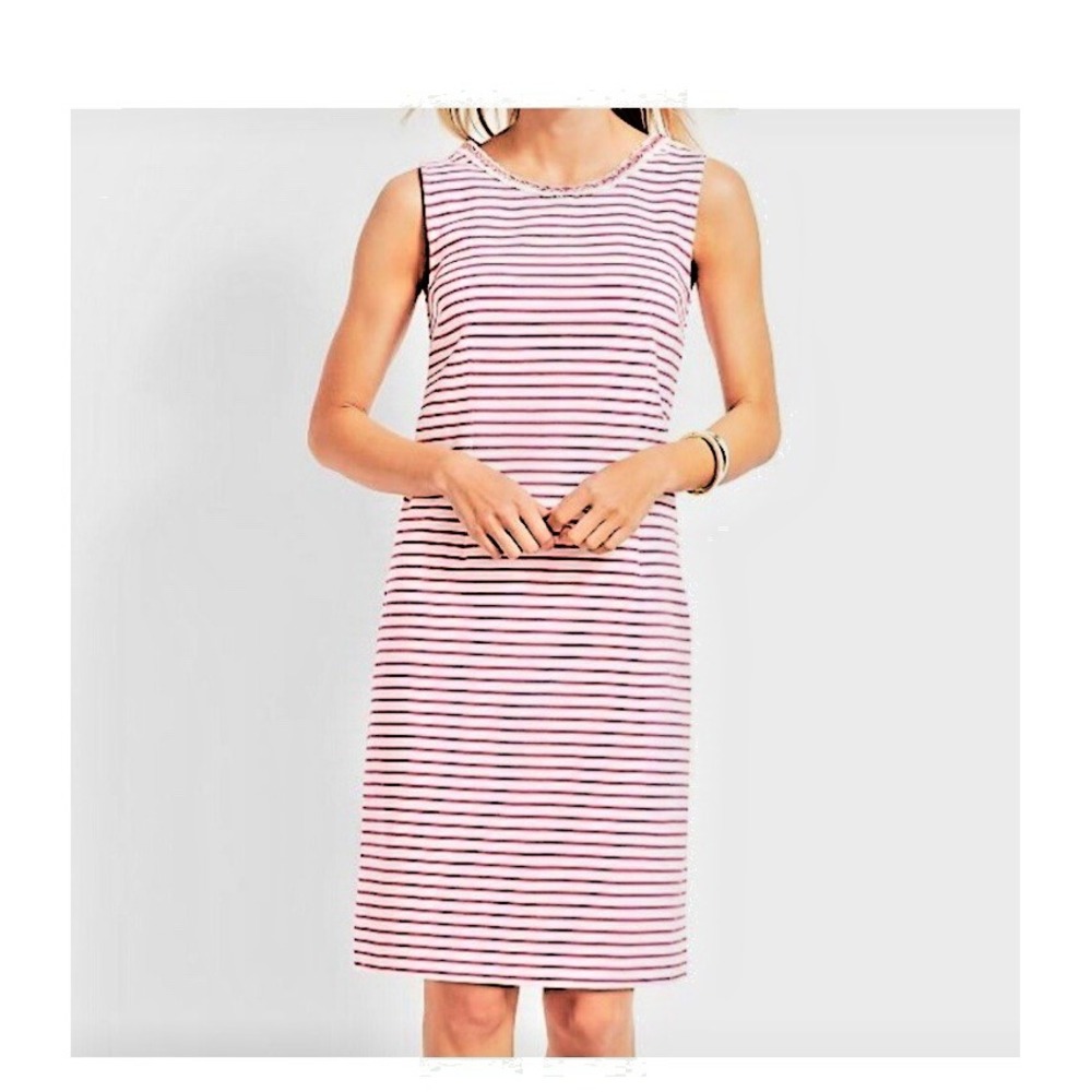 Talbots Womens 14 White Pink Stripes Braided Neck Sleeveless Ottoman Shift Dress